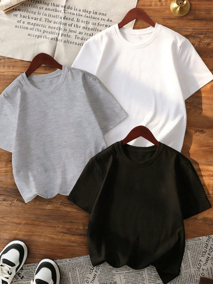 3pcs/Set Women's Summer Casual Round Neck Short Sleeve T-Shirts, Fashionable Solid Color Tops Suitable For Daily Wear. White Top, Black Top, Pink Top