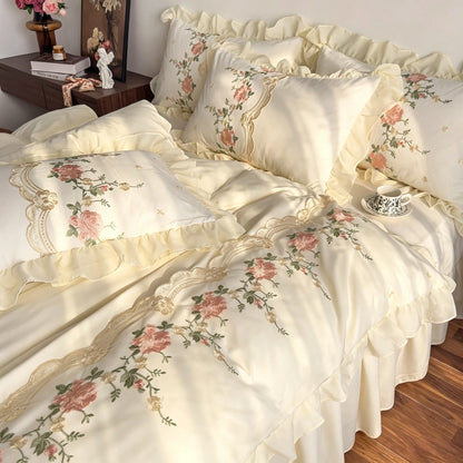 3pcs Skin-Friendly Soft Comfortable Off-White Floral Embroidery Lace Ruffle Craft Duvet Cover Set (1*Duvet Cover+2*Pillowcases, No Inserts), French Country Style, Feminine Style, Girly Style, Suitable
