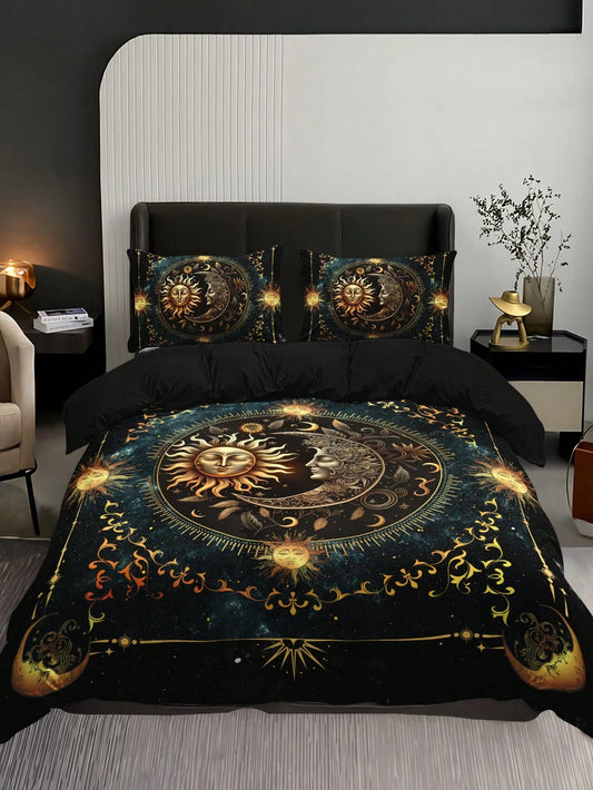 3PCS Super Soft Breathable Golden Sun And Moon Planet Duvet Cover Set (1 Duvet Cover+2 Pillowcases Without Pillow Core), At Home Dormitory High Definition Numerical Code Printing