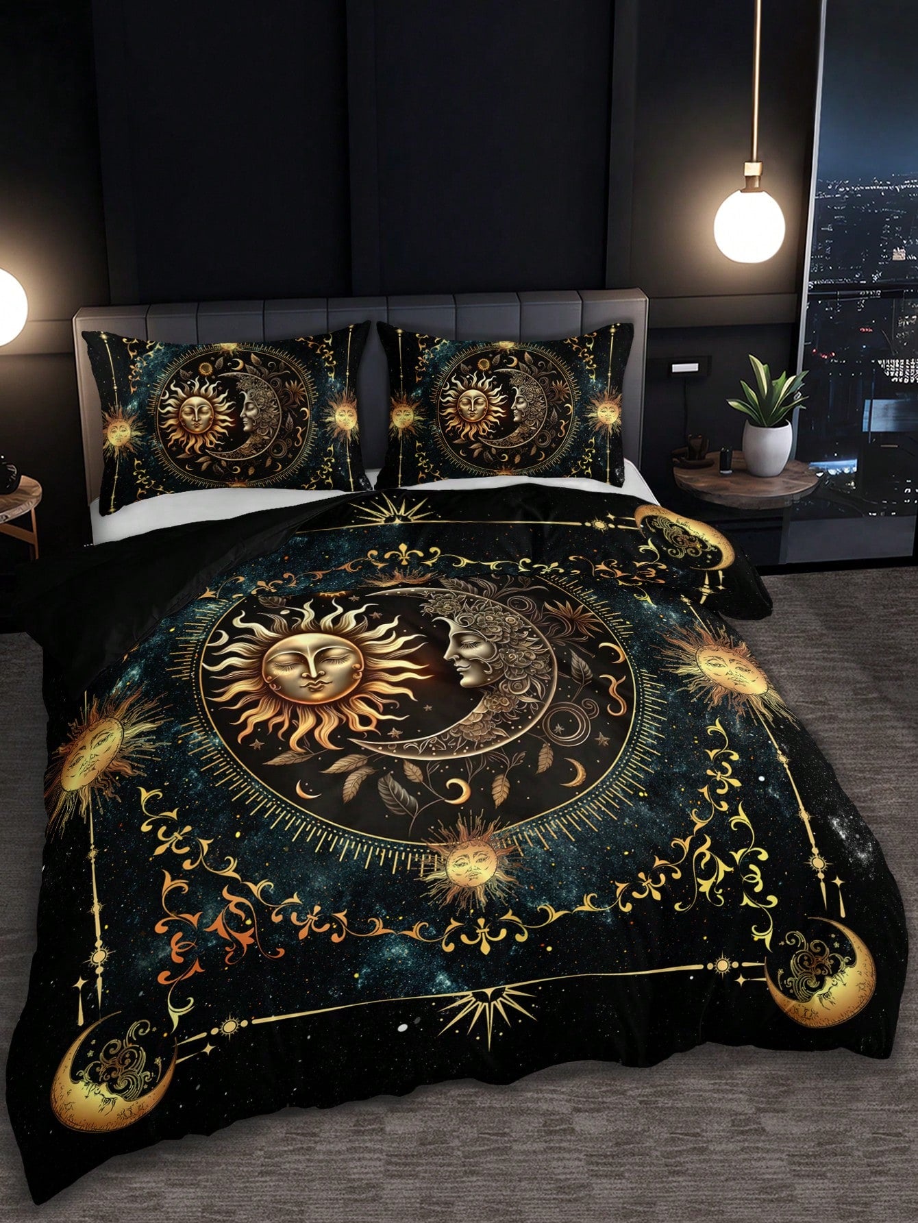 3PCS Super Soft Breathable Golden Sun And Moon Planet Duvet Cover Set (1 Duvet Cover+2 Pillowcases Without Pillow Core), At Home Dormitory High Definition Numerical Code Printing