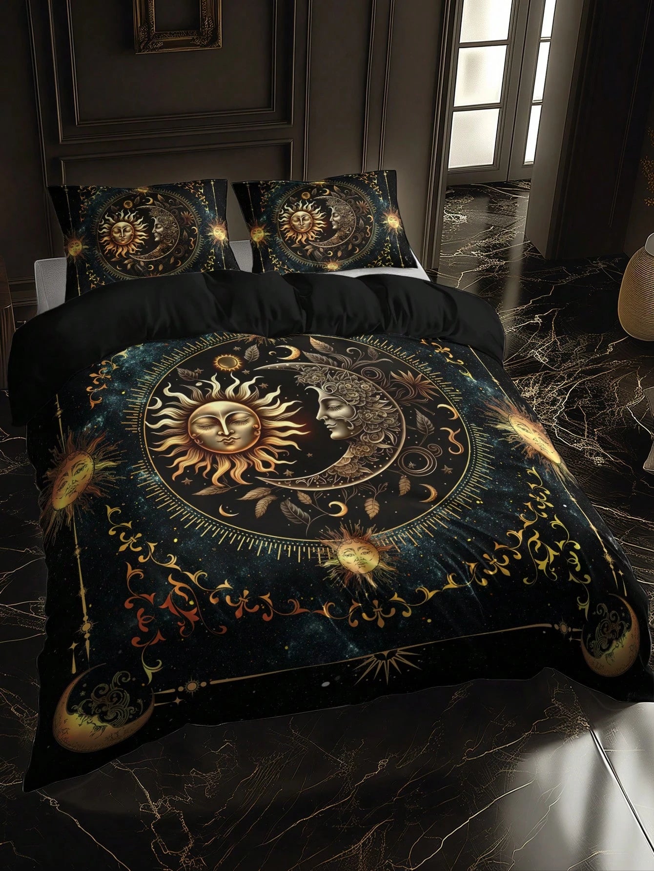 3PCS Super Soft Breathable Golden Sun And Moon Planet Duvet Cover Set (1 Duvet Cover+2 Pillowcases Without Pillow Core), At Home Dormitory High Definition Numerical Code Printing