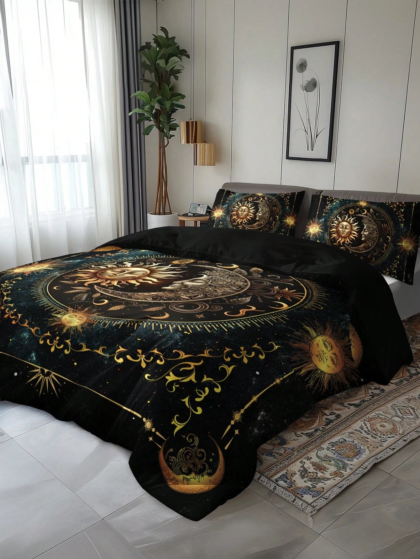 3PCS Super Soft Breathable Golden Sun And Moon Planet Duvet Cover Set (1 Duvet Cover+2 Pillowcases Without Pillow Core), At Home Dormitory High Definition Numerical Code Printing