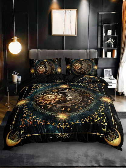3PCS Super Soft Breathable Golden Sun And Moon Planet Duvet Cover Set (1 Duvet Cover+2 Pillowcases Without Pillow Core), At Home Dormitory High Definition Numerical Code Printing
