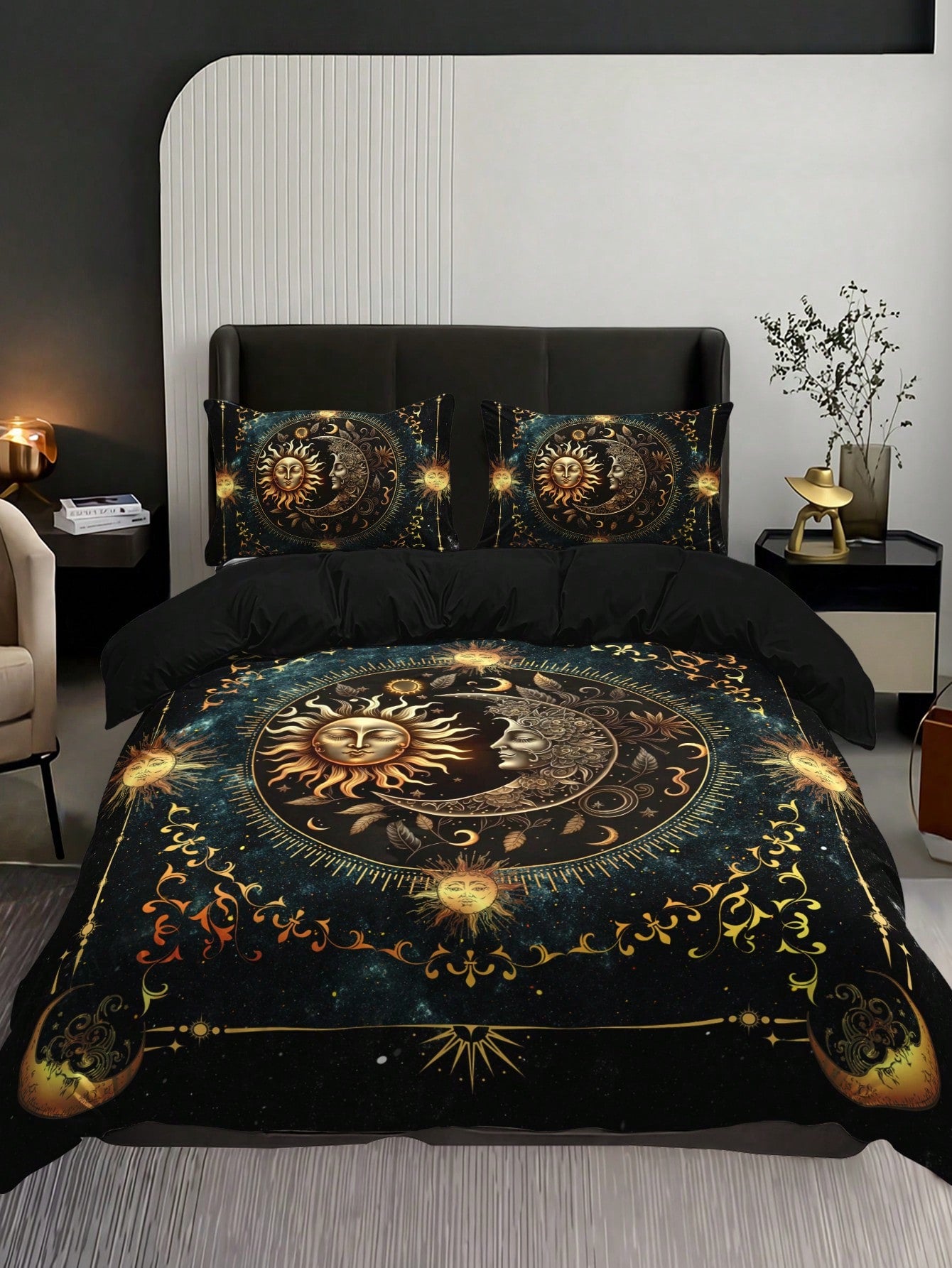 3PCS Super Soft Breathable Golden Sun And Moon Planet Duvet Cover Set (1 Duvet Cover+2 Pillowcases Without Pillow Core), At Home Dormitory High Definition Numerical Code Printing
