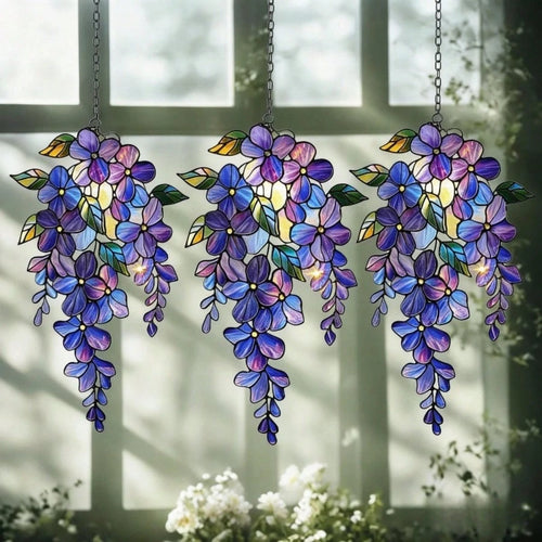 3pcs Wisteria Acrylic Suncatchers - Holographic Floral Window Decor, Spring Garden Gift, Floral Home Decor For Mom, With Chain/Rope For Easy Hanging - Great Home Decor, Ideal Gift For Nature & Bird Lo