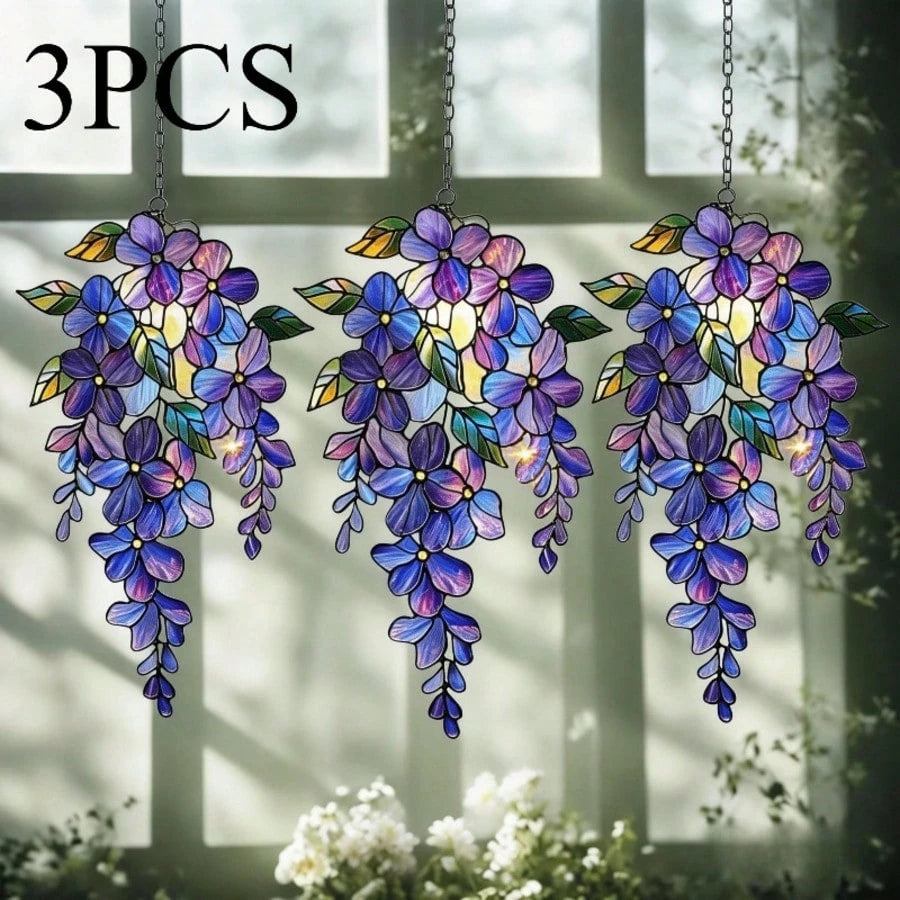 3pcs Wisteria Acrylic Suncatchers - Holographic Floral Window Decor, Spring Garden Gift, Floral Home Decor For Mom, With Chain/Rope For Easy Hanging - Great Home Decor, Ideal Gift For Nature & Bird Lo
