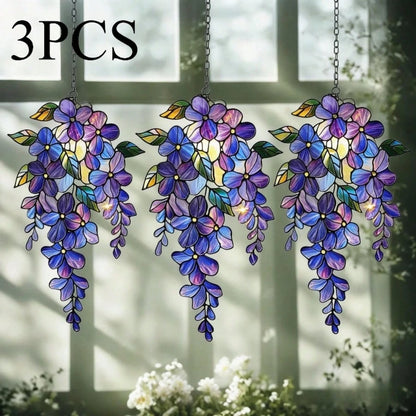 3pcs Wisteria Acrylic Suncatchers - Holographic Floral Window Decor, Spring Garden Gift, Floral Home Decor For Mom, With Chain/Rope For Easy Hanging - Great Home Decor, Ideal Gift For Nature & Bird Lo