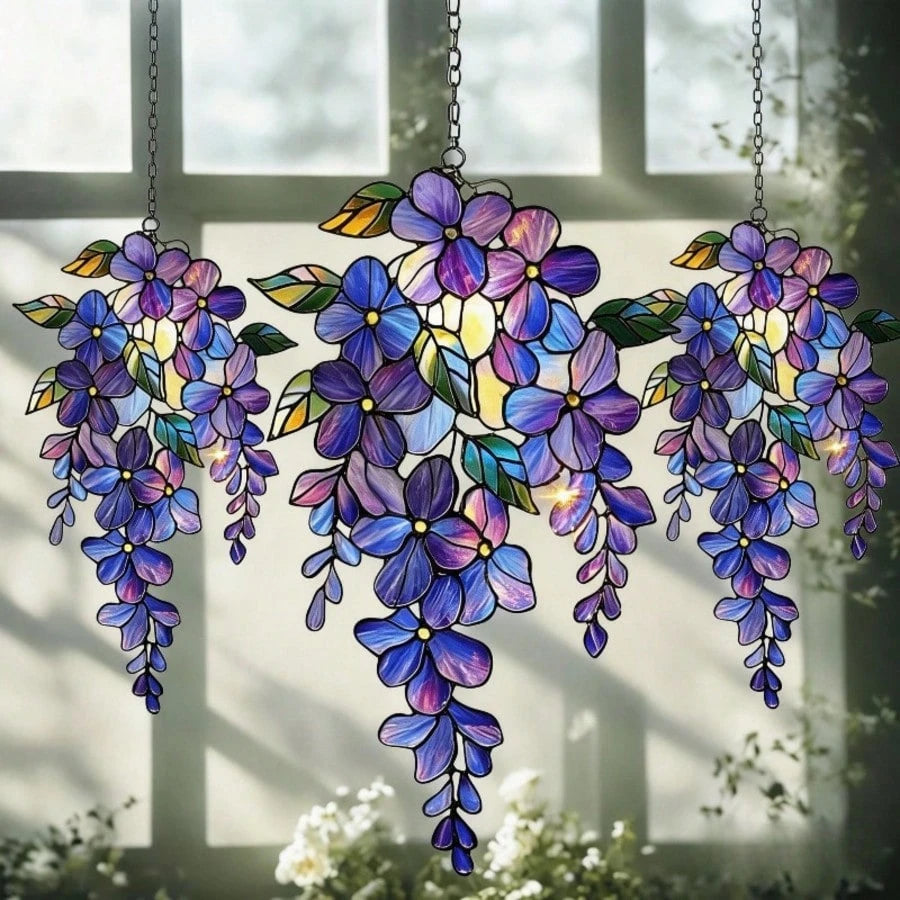 3pcs Wisteria Acrylic Suncatchers - Holographic Floral Window Decor, Spring Garden Gift, Floral Home Decor For Mom, With Chain/Rope For Easy Hanging - Great Home Decor, Ideal Gift For Nature & Bird Lo