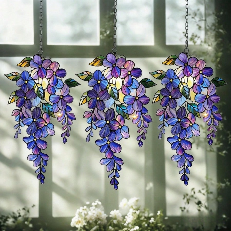 3pcs Wisteria Acrylic Suncatchers - Holographic Floral Window Decor, Spring Garden Gift, Floral Home Decor For Mom, With Chain/Rope For Easy Hanging - Great Home Decor, Ideal Gift For Nature & Bird Lo