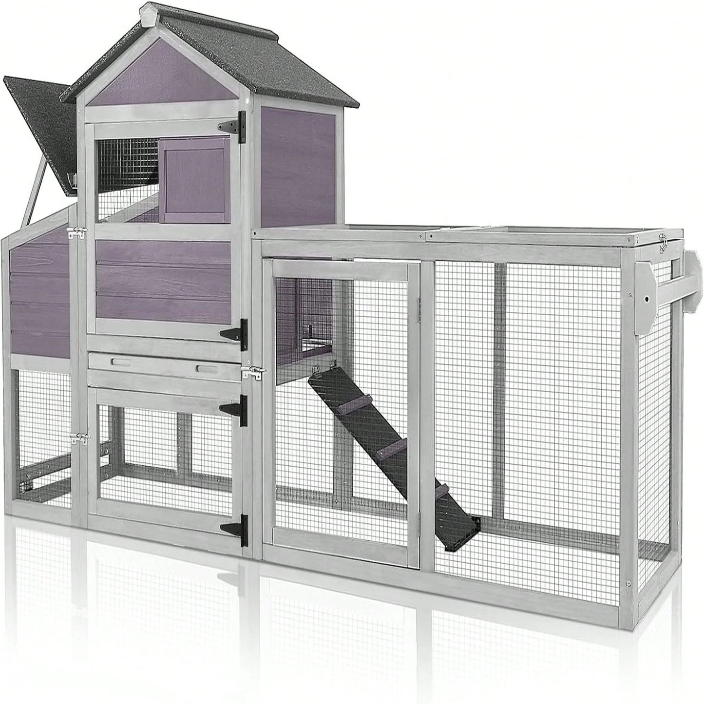 4-6 Chickens, Large Outdoor Hen House With Run, Weatherproof Asphalt Roof, Sectionable Nesting Box & Pull-Out Tray, 82.4" L X 25.8" W X 44.1" H- Grey