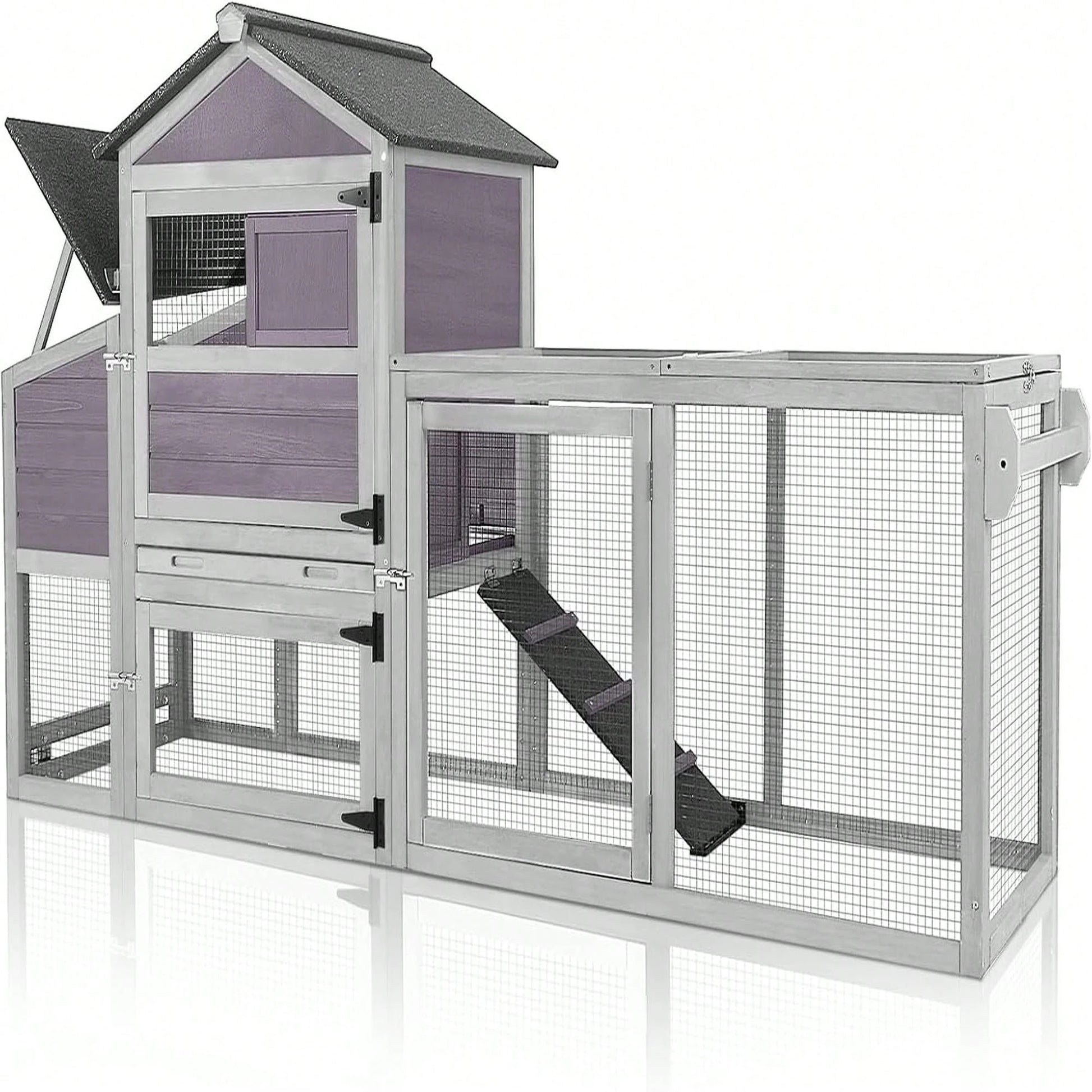 4-6 Chickens, Large Outdoor Hen House With Run, Weatherproof Asphalt Roof, Sectionable Nesting Box & Pull-Out Tray, 82.4" L X 25.8" W X 44.1" H- Grey