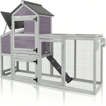 4-6 Chickens, Large Outdoor Hen House With Run, Weatherproof Asphalt Roof, Sectionable Nesting Box & Pull-Out Tray, 82.4" L X 25.8" W X 44.1" H- Grey