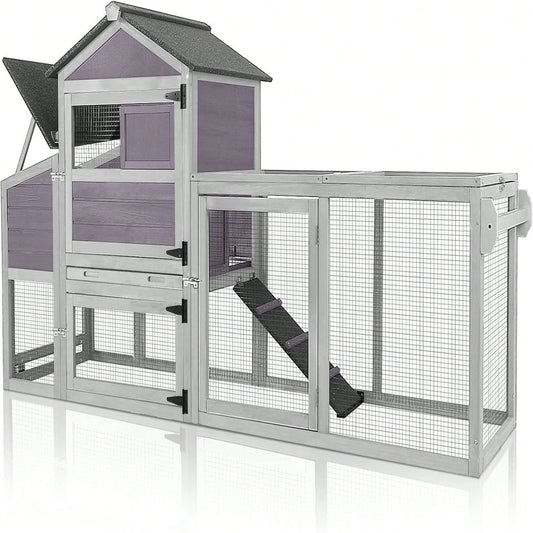 4-6 Chickens, Large Outdoor Hen House With Run, Weatherproof Asphalt Roof, Sectionable Nesting Box & Pull-Out Tray, 82.4" L X 25.8" W X 44.1" H- Grey