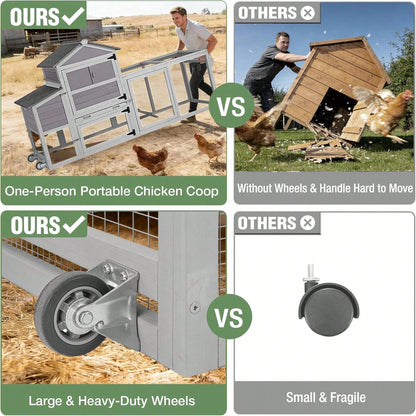 4-6 Chickens, Large Outdoor Hen House With Run, Weatherproof Asphalt Roof, Sectionable Nesting Box & Pull-Out Tray, 82.4" L X 25.8" W X 44.1" H- Grey