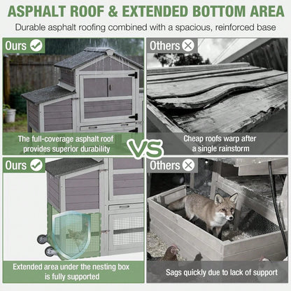 4-6 Chickens, Large Outdoor Hen House With Run, Weatherproof Asphalt Roof, Sectionable Nesting Box & Pull-Out Tray, 82.4" L X 25.8" W X 44.1" H- Grey