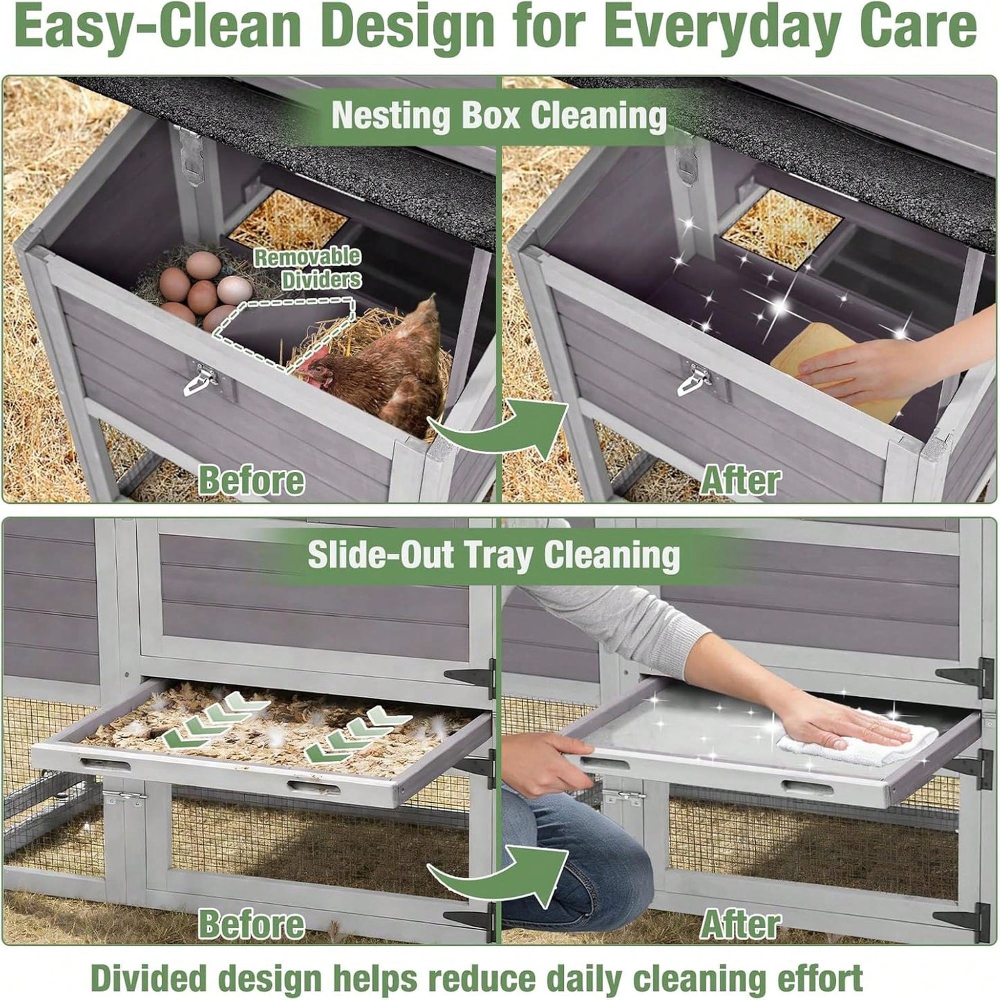 4-6 Chickens, Large Outdoor Hen House With Run, Weatherproof Asphalt Roof, Sectionable Nesting Box & Pull-Out Tray, 82.4" L X 25.8" W X 44.1" H- Grey