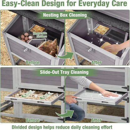 4-6 Chickens, Large Outdoor Hen House With Run, Weatherproof Asphalt Roof, Sectionable Nesting Box & Pull-Out Tray, 82.4" L X 25.8" W X 44.1" H- Grey