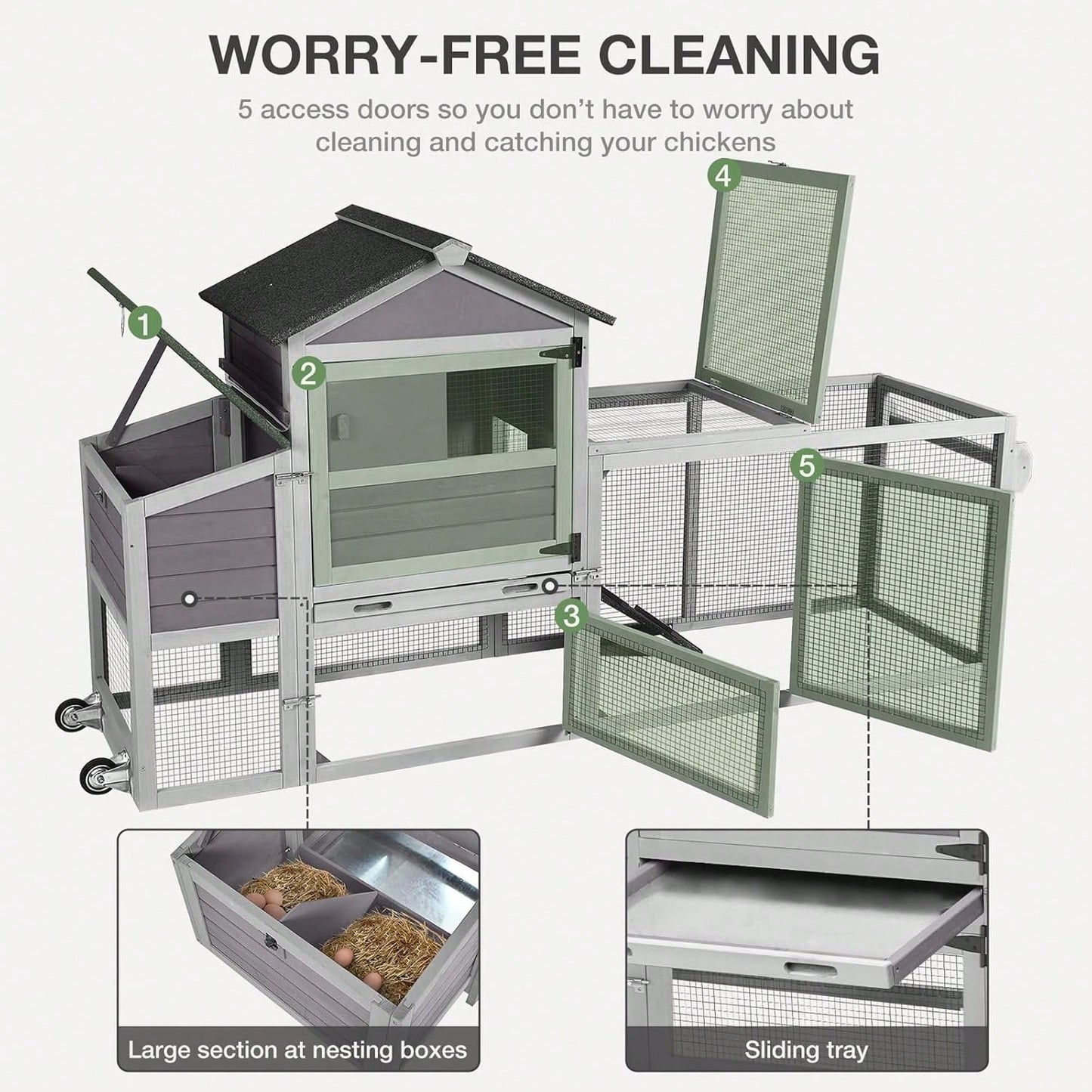 4-6 Chickens, Large Outdoor Hen House With Run, Weatherproof Asphalt Roof, Sectionable Nesting Box & Pull-Out Tray, 82.4" L X 25.8" W X 44.1" H- Grey