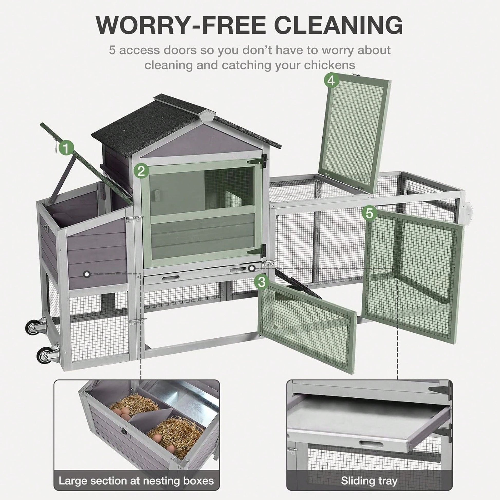 4-6 Chickens, Large Outdoor Hen House With Run, Weatherproof Asphalt Roof, Sectionable Nesting Box & Pull-Out Tray, 82.4" L X 25.8" W X 44.1" H- Grey