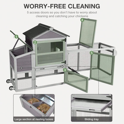 4-6 Chickens, Large Outdoor Hen House With Run, Weatherproof Asphalt Roof, Sectionable Nesting Box & Pull-Out Tray, 82.4" L X 25.8" W X 44.1" H- Grey