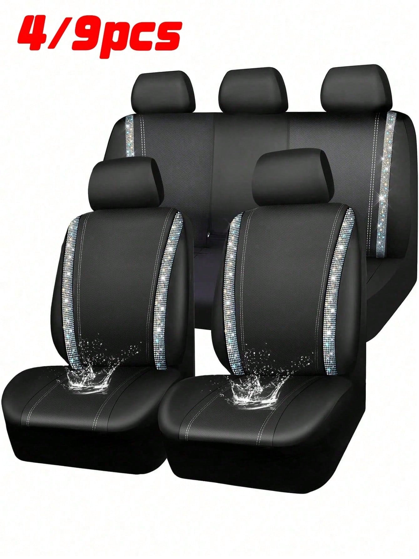 4/9pcs Set Sparkling Diamond Car Seat Covers, Shiny Rhinestone Seat Covers, Back Seat With Zipper, Universal Fit For 95% Of Cars, Suitable For Cute Women And Girls, Multicolor Diamond
