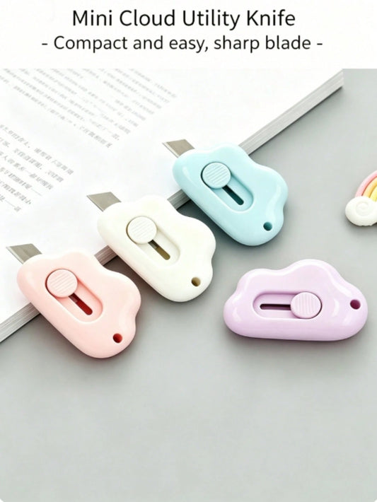4 Pack Cute Cloud Shaped Retractable Utility Knife, Pastel Pink Blue Lavender Ivory Mini Box Cutter, Portable Pocket Letter Opener With Auto Retract Blade, Small Box Opener For Shipping Packages, Enve