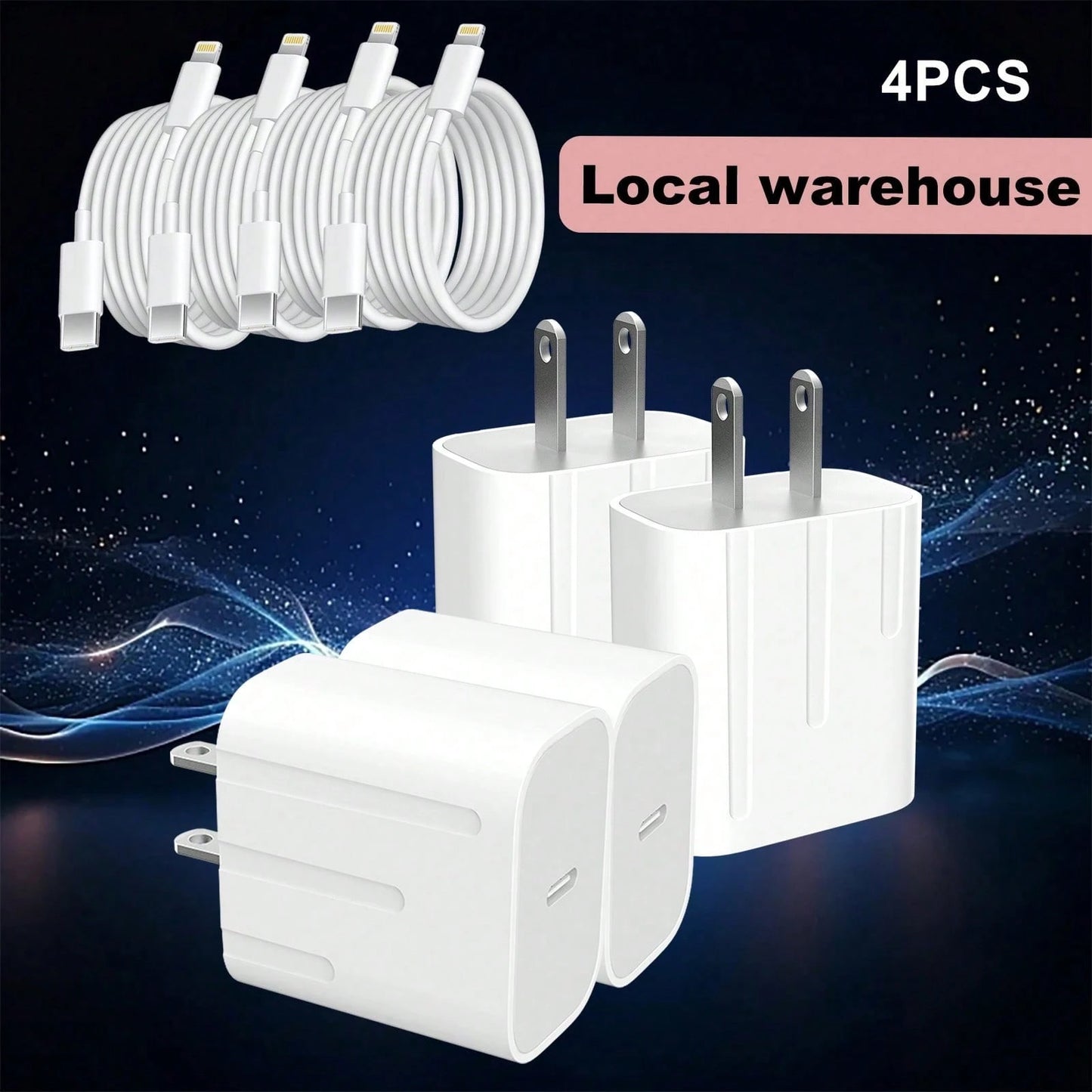 4 Pack USB-C Fast Charger With 4ft Lightning Cable Set- Works With I Phone & I Pad, Local Warehouse