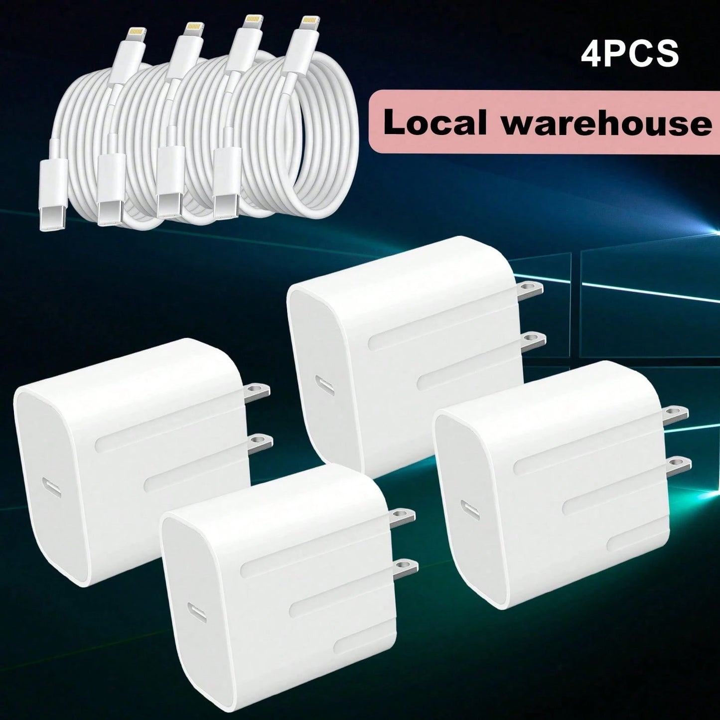 4 Pack USB-C Fast Charger With 4ft Lightning Cable Set- Works With I Phone & I Pad, Local Warehouse