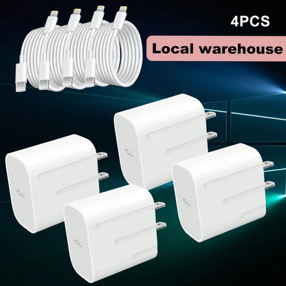 4 Pack USB-C Fast Charger With 4ft Lightning Cable Set- Works With I Phone & I Pad, Local Warehouse