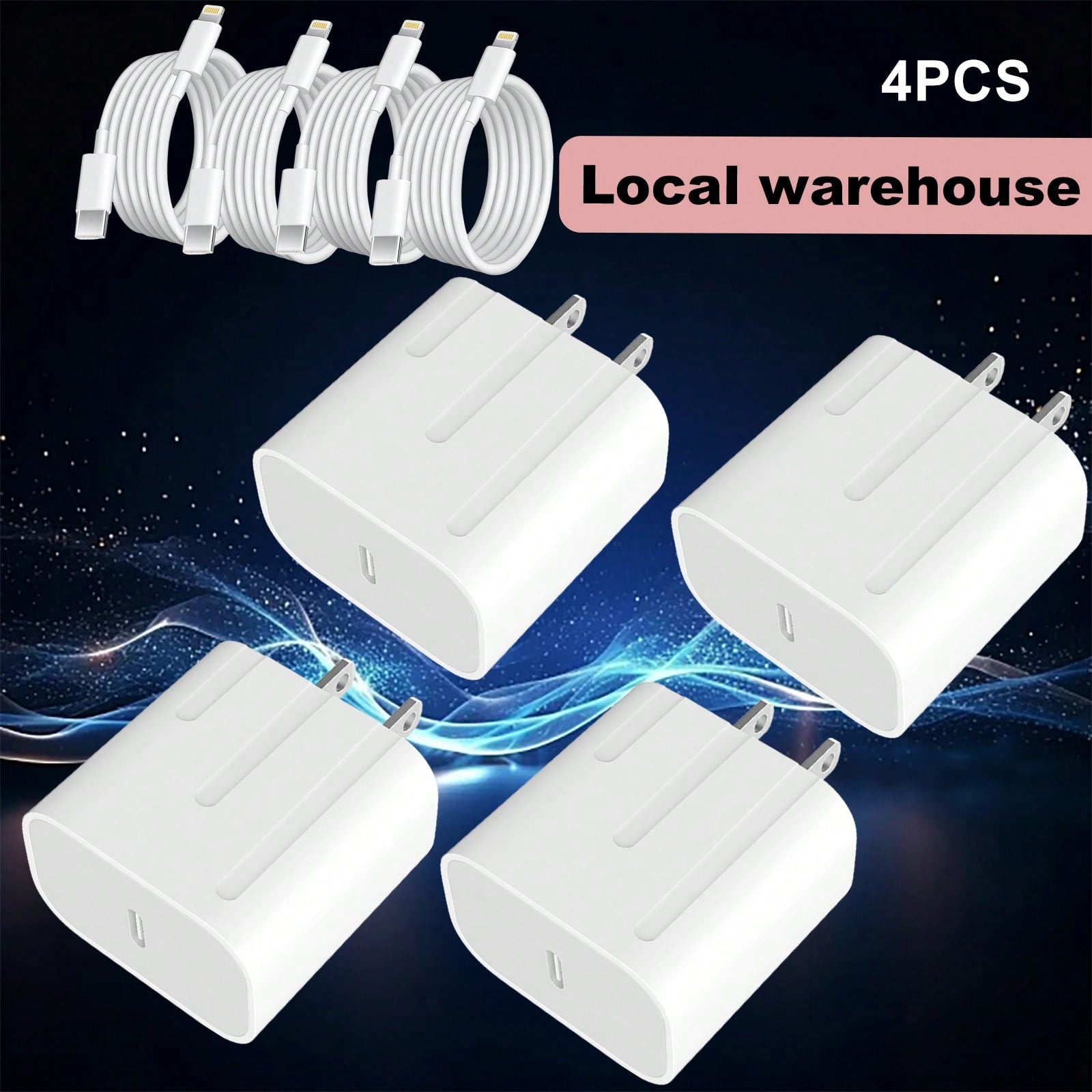 4 Pack USB-C Fast Charger With 4ft Lightning Cable Set- Works With I Phone & I Pad, Local Warehouse