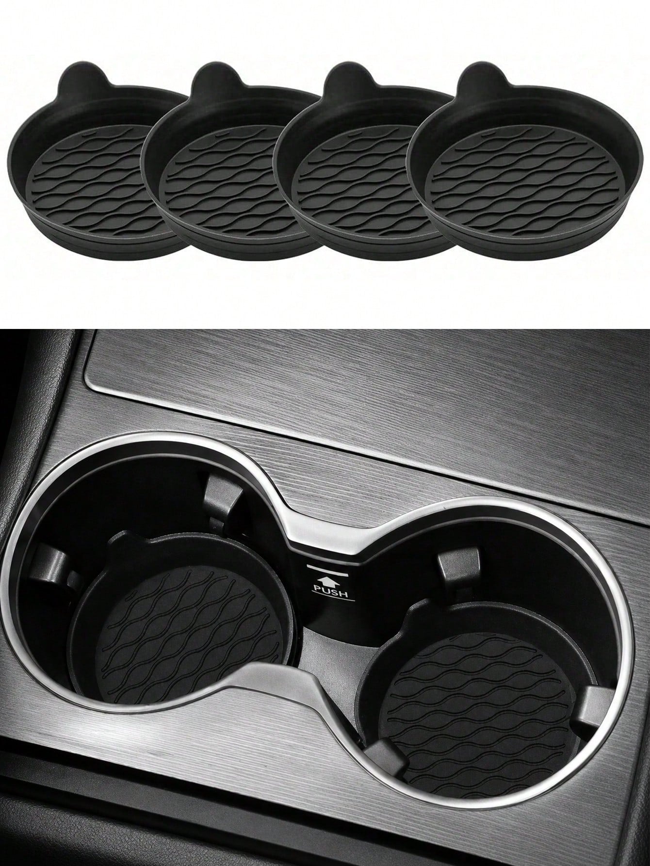 4 Packs Silicone Car Cup Coasters- Non-Slip Universal Holder Inserts For All Vehicles (Black)
