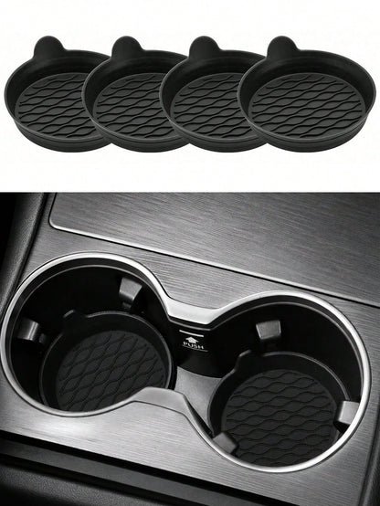 4 Packs Silicone Car Cup Coasters- Non-Slip Universal Holder Inserts For All Vehicles (Black)