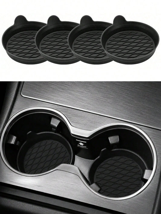 4 Packs Silicone Car Cup Coasters- Non-Slip Universal Holder Inserts For All Vehicles (Black)
