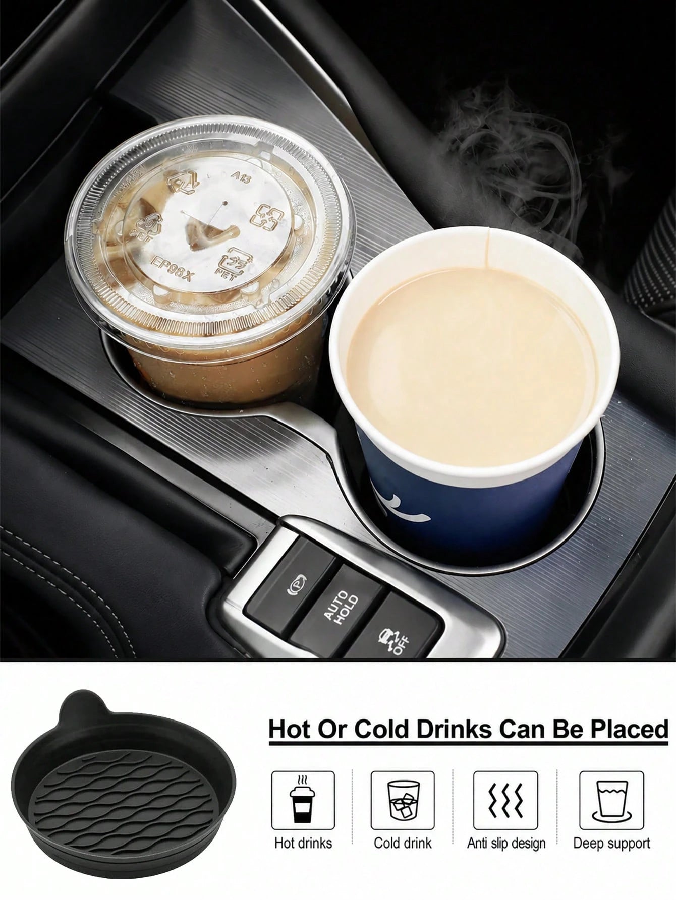 4 Packs Silicone Car Cup Coasters- Non-Slip Universal Holder Inserts For All Vehicles (Black)