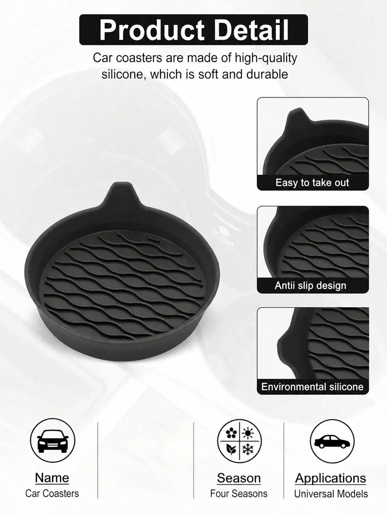 4 Packs Silicone Car Cup Coasters- Non-Slip Universal Holder Inserts For All Vehicles (Black)