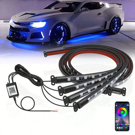 4-Piece Car Neon Light, Multi-Color R GB-I C D I Y, Sound Activation, Music Mode, App And Remote Control, Smart LED Light, High-Brightness Car Neon Light Kit, No Batteries Required