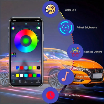 4-Piece Car Neon Light, Multi-Color R GB-I C D I Y, Sound Activation, Music Mode, App And Remote Control, Smart LED Light, High-Brightness Car Neon Light Kit, No Batteries Required