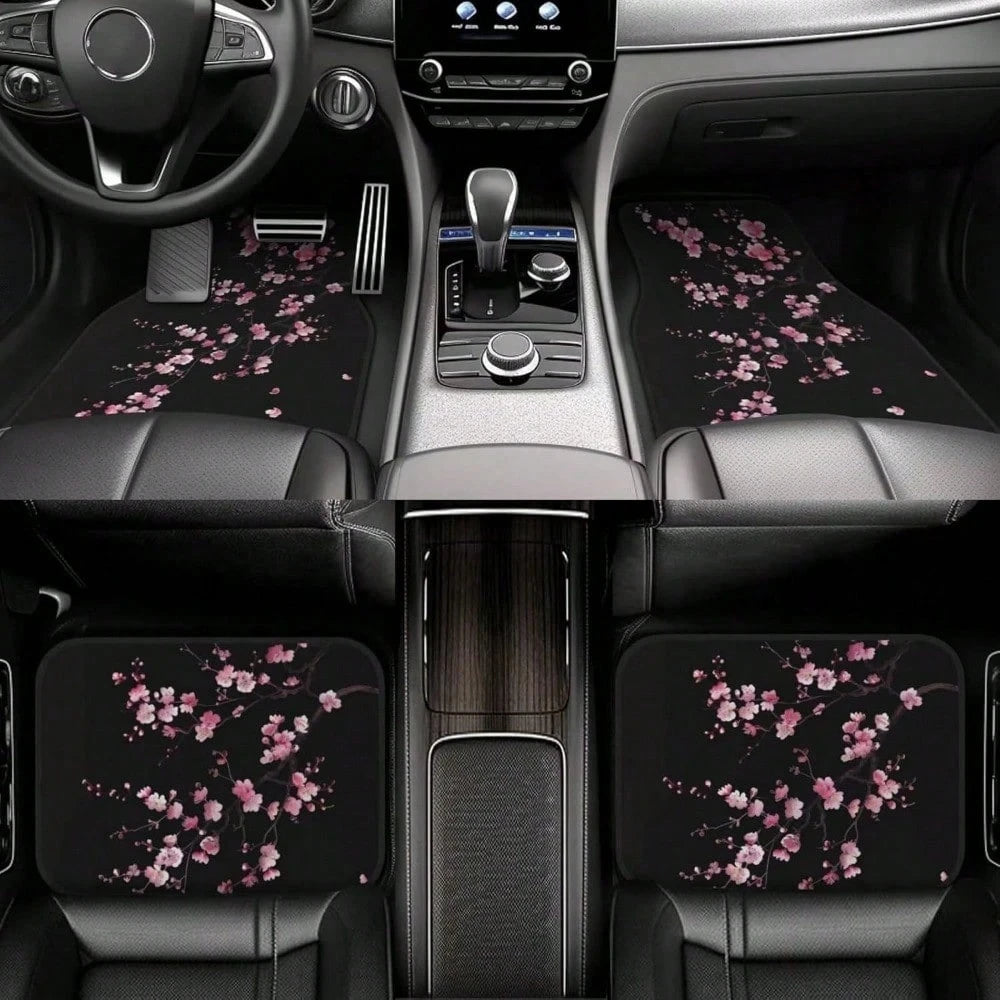 4-Piece Set Of Car Floor Mats, Pink Cherry Blossom Car Floor Mats, Black Cute Floral Non-Slip Rear Seat Car Floor Mats, Universal Car Interior Decoration, Black Car Floor Mats