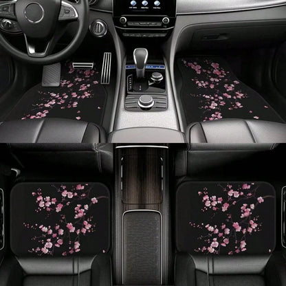 4-Piece Set Of Car Floor Mats, Pink Cherry Blossom Car Floor Mats, Black Cute Floral Non-Slip Rear Seat Car Floor Mats, Universal Car Interior Decoration, Black Car Floor Mats