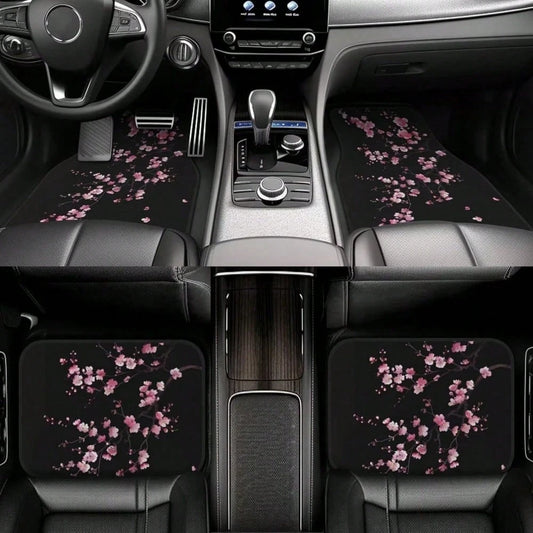 4-Piece Set Of Car Floor Mats, Pink Cherry Blossom Car Floor Mats, Black Cute Floral Non-Slip Rear Seat Car Floor Mats, Universal Car Interior Decoration, Black Car Floor Mats