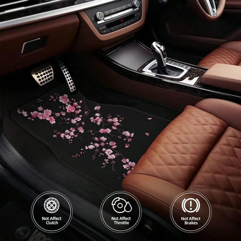 4-Piece Set Of Car Floor Mats, Pink Cherry Blossom Car Floor Mats, Black Cute Floral Non-Slip Rear Seat Car Floor Mats, Universal Car Interior Decoration, Black Car Floor Mats