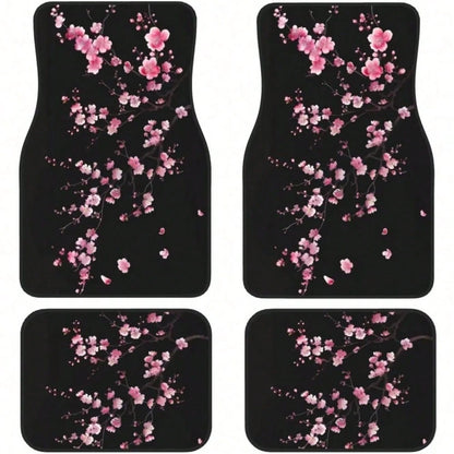 4-Piece Set Of Car Floor Mats, Pink Cherry Blossom Car Floor Mats, Black Cute Floral Non-Slip Rear Seat Car Floor Mats, Universal Car Interior Decoration, Black Car Floor Mats