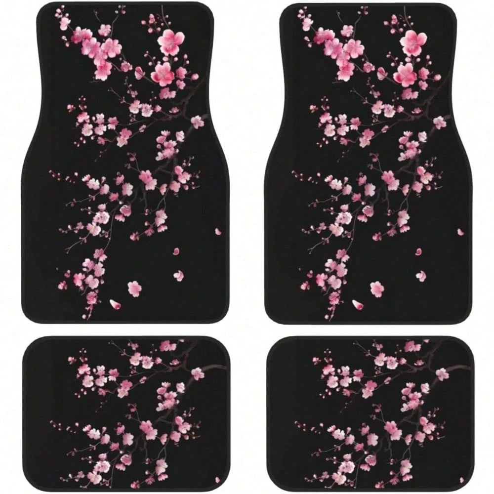 4-Piece Set Of Car Floor Mats, Pink Cherry Blossom Car Floor Mats, Black Cute Floral Non-Slip Rear Seat Car Floor Mats, Universal Car Interior Decoration, Black Car Floor Mats