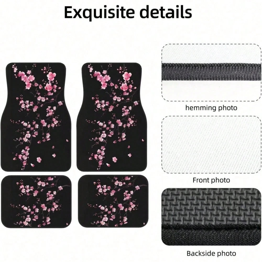 4-Piece Set Of Car Floor Mats, Pink Cherry Blossom Car Floor Mats, Black Cute Floral Non-Slip Rear Seat Car Floor Mats, Universal Car Interior Decoration, Black Car Floor Mats