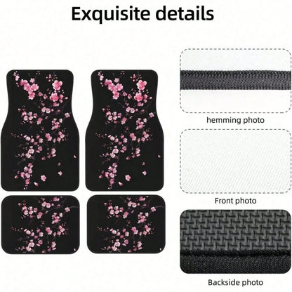 4-Piece Set Of Car Floor Mats, Pink Cherry Blossom Car Floor Mats, Black Cute Floral Non-Slip Rear Seat Car Floor Mats, Universal Car Interior Decoration, Black Car Floor Mats