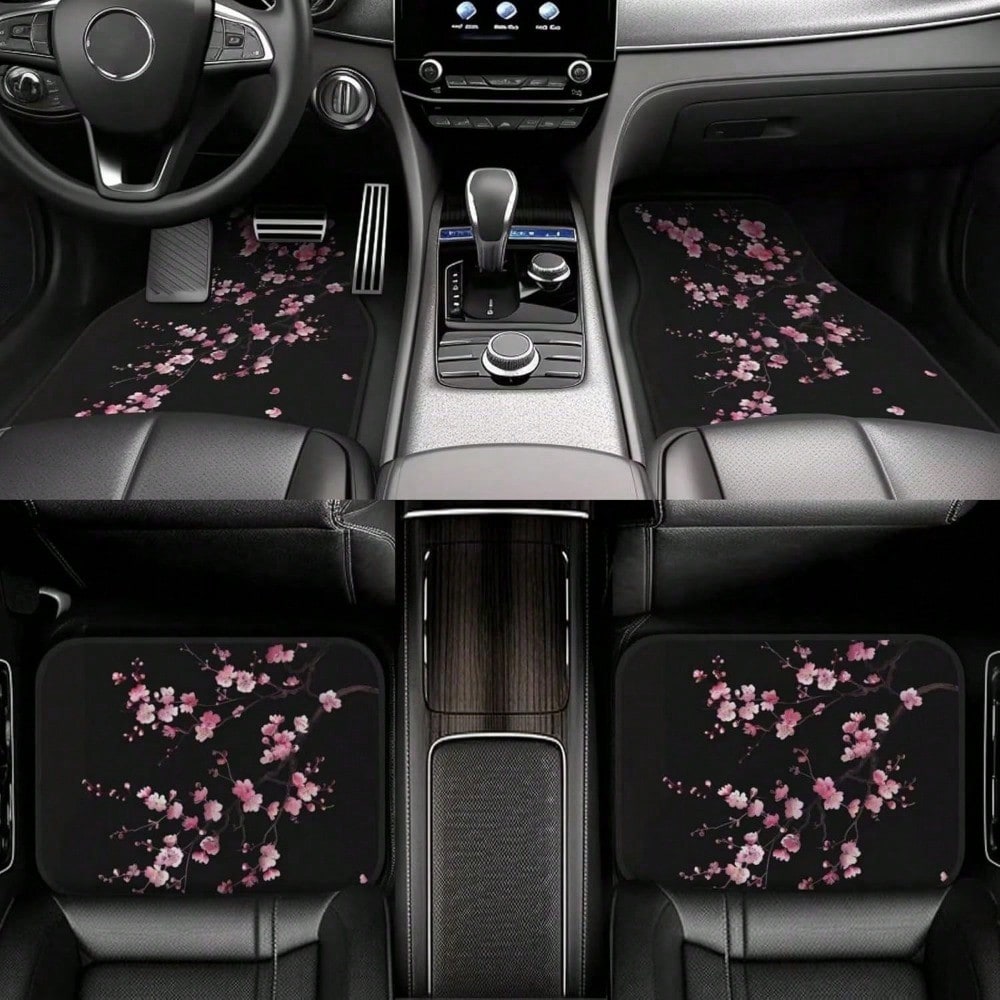 4-Piece Set Of Car Floor Mats, Pink Cherry Blossom Car Floor Mats, Black Cute Floral Non-Slip Rear Seat Car Floor Mats, Universal Car Interior Decoration, Black Car Floor Mats