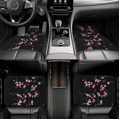 4-Piece Set Of Car Floor Mats, Pink Cherry Blossom Car Floor Mats, Black Cute Floral Non-Slip Rear Seat Car Floor Mats, Universal Car Interior Decoration, Black Car Floor Mats