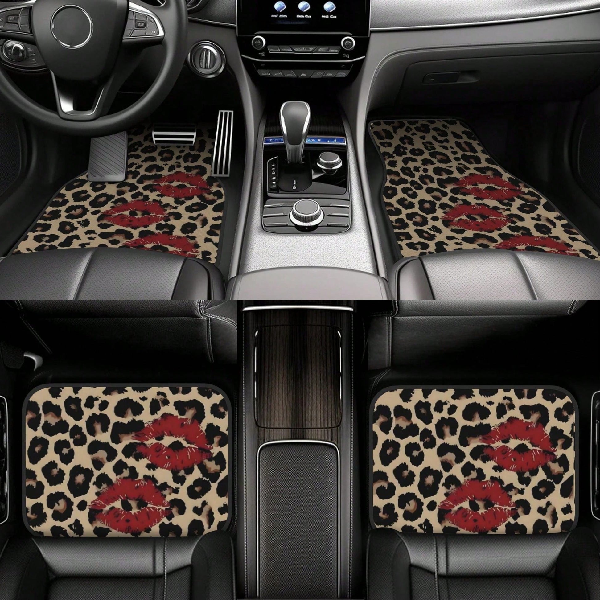 4 Pieces Leopard Print Car Floor Mat, Red Lip Design Polyester Fiber Universal Car Floor Mat, Car Decorative Interior Front And Rear Floor Mat