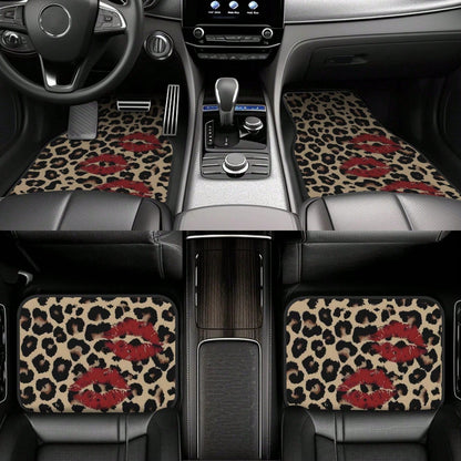 4 Pieces Leopard Print Car Floor Mat, Red Lip Design Polyester Fiber Universal Car Floor Mat, Car Decorative Interior Front And Rear Floor Mat