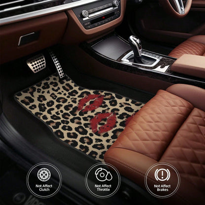 4 Pieces Leopard Print Car Floor Mat, Red Lip Design Polyester Fiber Universal Car Floor Mat, Car Decorative Interior Front And Rear Floor Mat